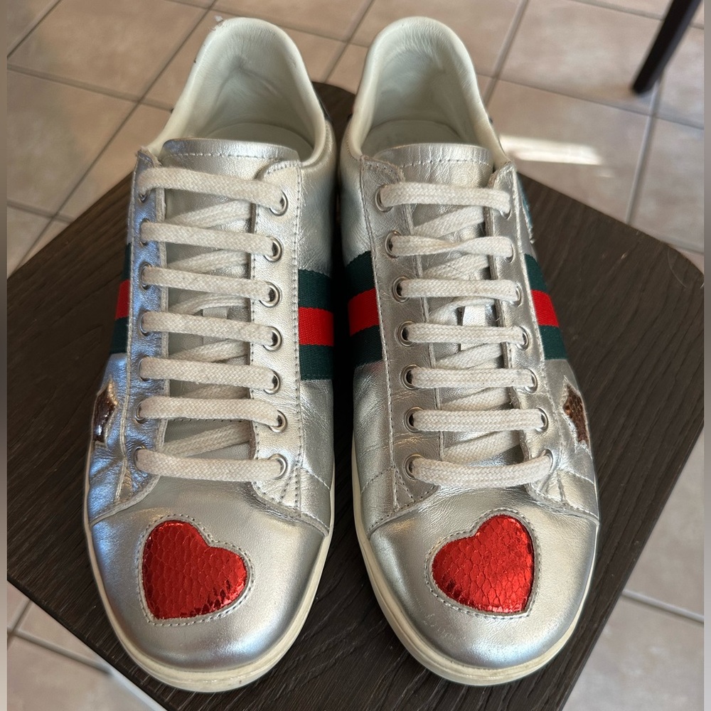 Gucci Silver Sneakers with Red Heart Detail